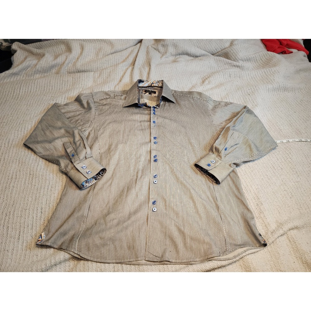 Bertigo Mens Long Sleeve Button Down Shirt‎ Micro Stripe Paisley Trim Size 8 L